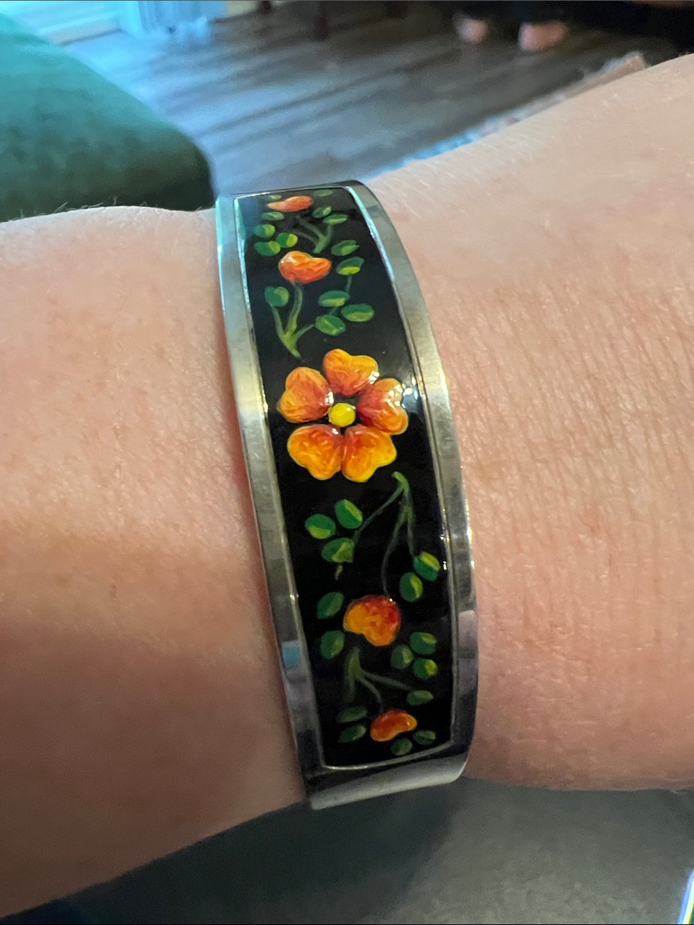Vintage Antique Handpainted Floral Enamel 800 Silver Cuff Bracelet - Picture 9 of 11